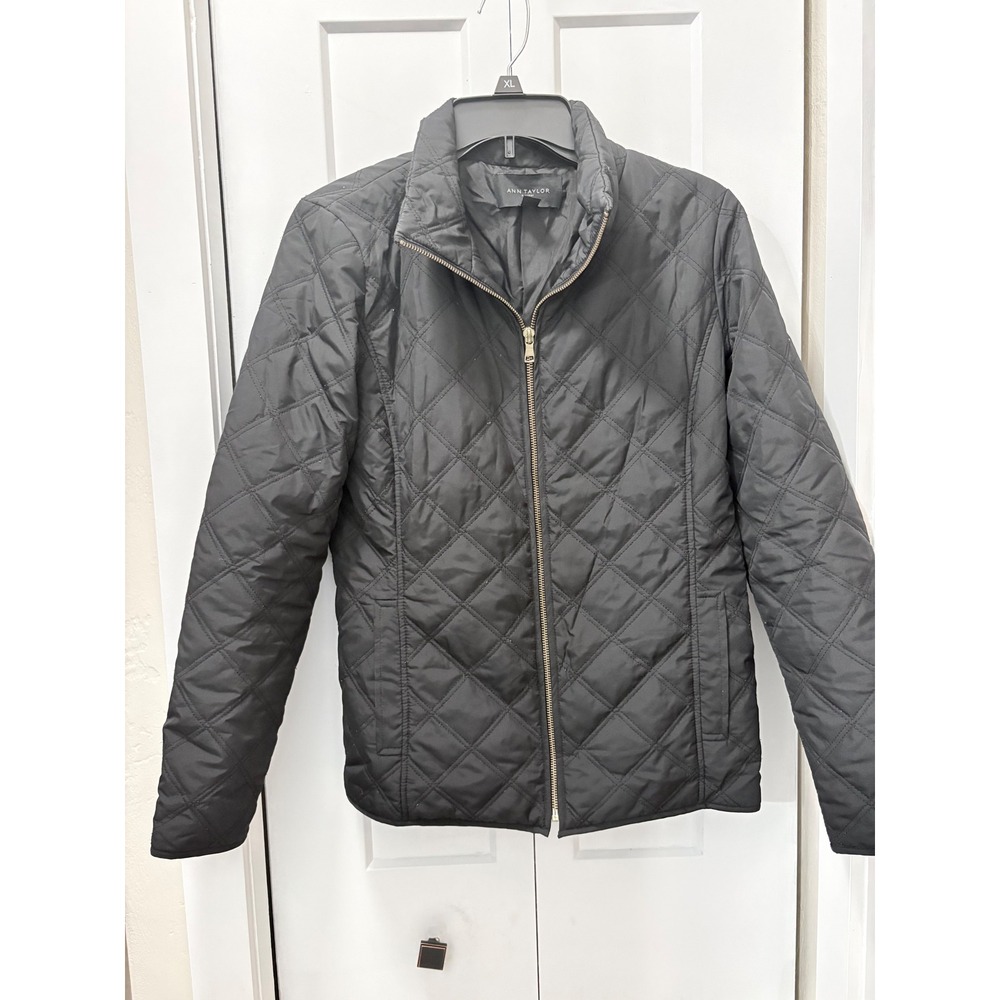 Ann Taylor Factory Black Quilted Jacket Womens Small Diamond Puffer Gold Zip